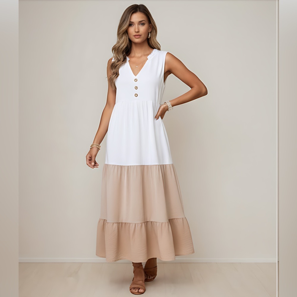 Color block Button Front Ruffle Hem Dress